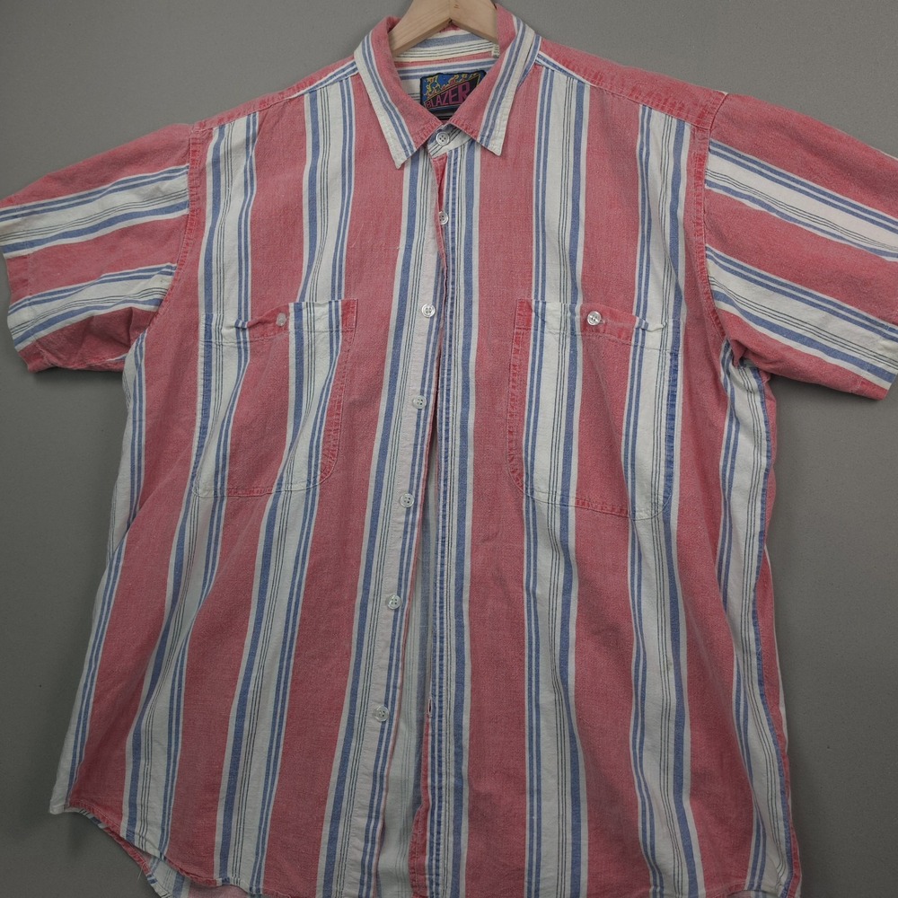 Vintage 90s Blazer Striped Short Sleeve Button Up Shirt Men 1X XL Pink Blue Rave - Picture 3 of 11